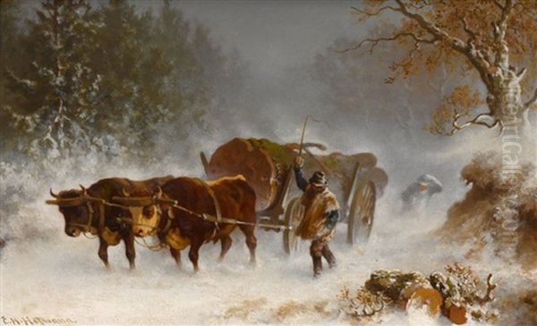 Holzabfuhr Im Winterwald Oil Painting by Carl Heinrich Hoffmann