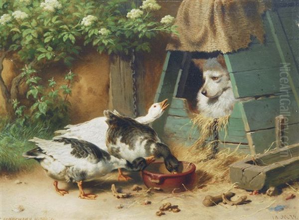 Thieving Geese Oil Painting by Carl Heinrich Hoffmann