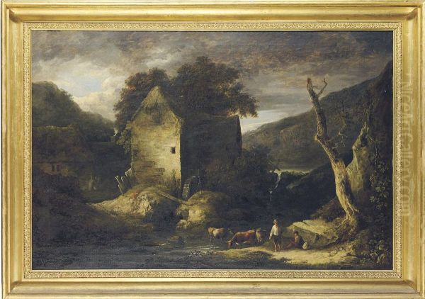 A Pastoral Landscape With A Watermill, Figures And Cattle In Theforeground Oil Painting by Benjamin Barker