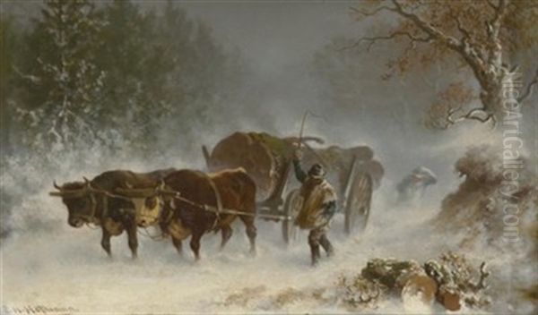 Holzfaller Mit Ochsengespann Im Winter Oil Painting by Carl Heinrich Hoffmann