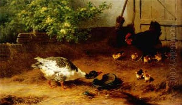 Gans Und Huhner Oil Painting by Carl Heinrich Hoffmann