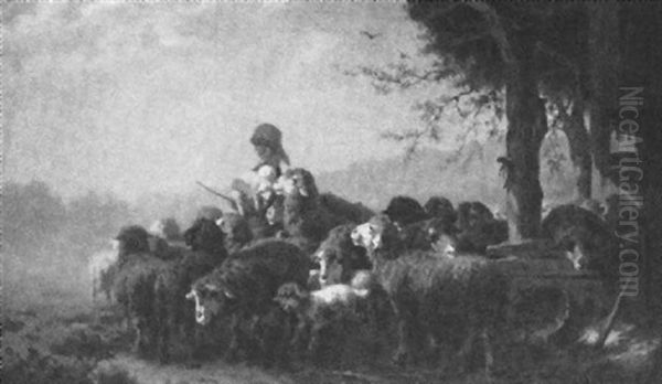 Ein Junges Madchen Fuhrt Ihre Schafherde Aus Den Stallungen Auf Eine Wiese Oil Painting by Carl Heinrich Hoffmann