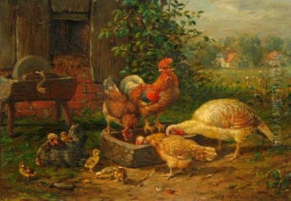 Chickens Feeding Oil Painting by Charles C. Hoffmann