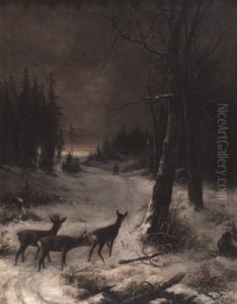 Winterlandschaft Mit Rehwild Oil Painting by Franz Jakob Hoffmann