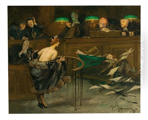 Mayhem In The Courtroom Oil Painting by Gaston Hoffmann