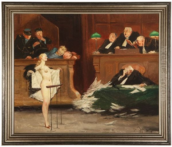 Nude Before A Judge In Court Oil Painting by Gaston Hoffmann