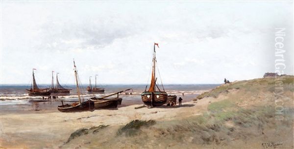 Bomschuiten Op Het Strand Oil Painting by George Johannes (Jan) Hoffmann