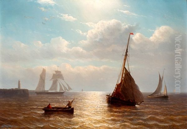 Schepen Bij Een Havenhoofd Oil Painting by George Johannes (Jan) Hoffmann