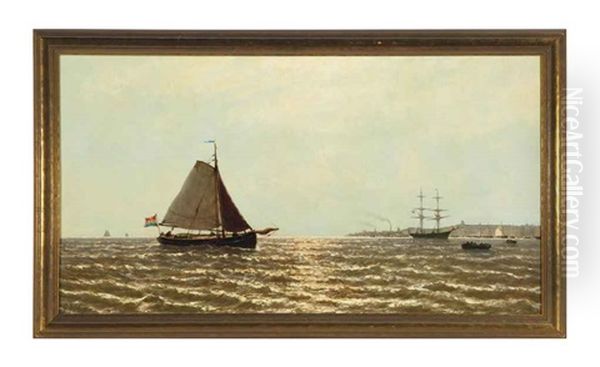 A Sailing Boat Approaching A Dutch Harbor Oil Painting by George Johannes (Jan) Hoffmann