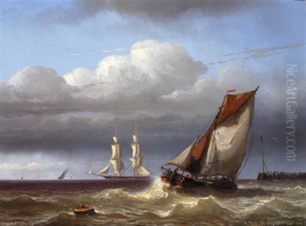 Departing Sailing Ship Oil Painting by George Johannes (Jan) Hoffmann