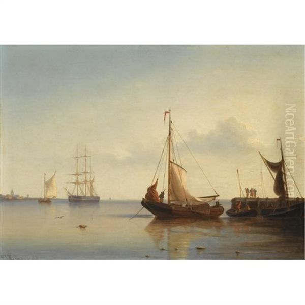 Sailing Boats Near A Jetty Oil Painting by George Johannes (Jan) Hoffmann