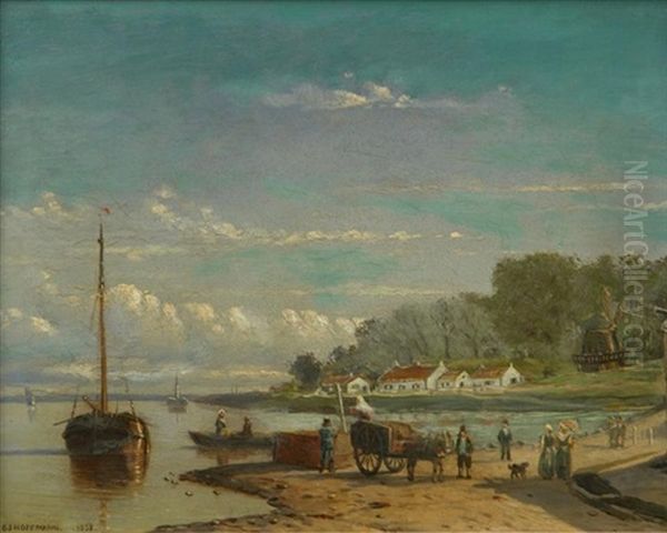 Geschaftiges Treiben Am Ufer Eines Hollandischen Kanals. Im Hintergrund Ein Kleines Dorf Mit Windmuhle Oil Painting by George Johannes (Jan) Hoffmann