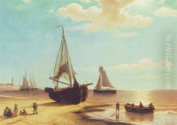 Fisherfolk With Their Boats On The Beach Oil Painting by George Johannes (Jan) Hoffmann