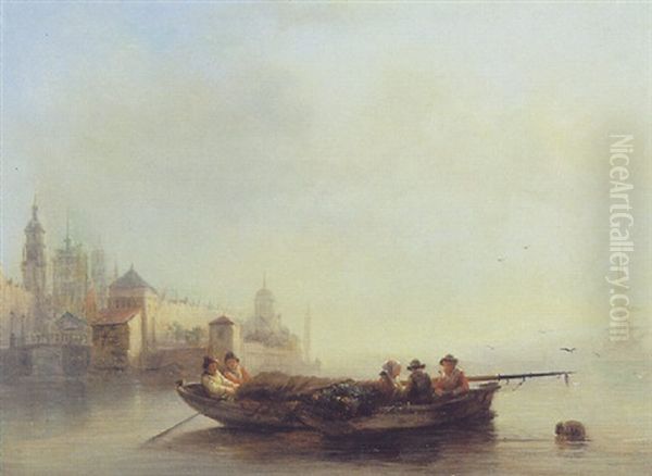 Boat Near An Italianate Town Oil Painting by George Johannes (Jan) Hoffmann