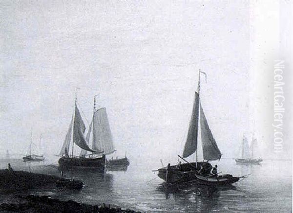 Shipping On An Estuary Oil Painting by George Johannes (Jan) Hoffmann