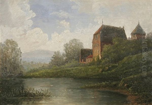 Muhle An Der Nidda Bei Praunheim, Im Hintergrund Der Feldberg Im Taunus Oil Painting by Heinrich Adolf Valentin Hoffmann