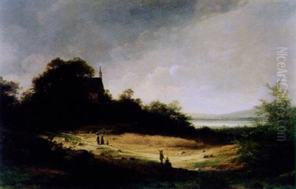 Weite Seelandschaft Mit Kapelle Und Figurenstaffage Oil Painting by Heinrich Adolf Valentin Hoffmann