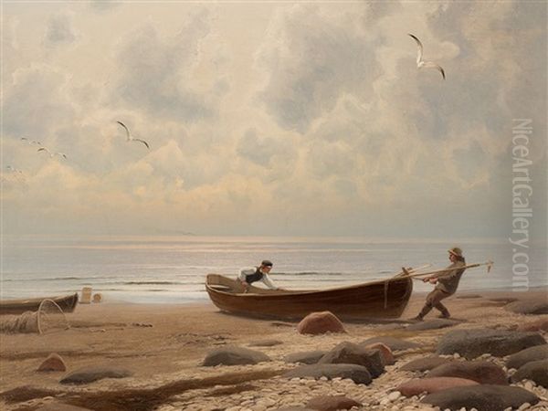 Fishermen On The Coast Oil Painting by Oskar Adolfowitsch Hoffmann