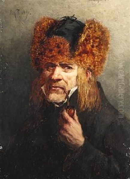 Portrait Of A Pipe Smoking Russian Man With Long Hair And Fur Hat Oil Painting by Oskar Adolfowitsch Hoffmann