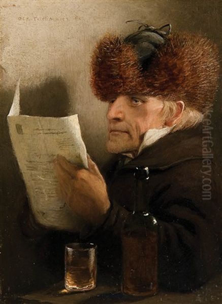 A Man With Fur Hat In An Interior Reading A Letter And Having A Drink Oil Painting by Oskar Adolfowitsch Hoffmann