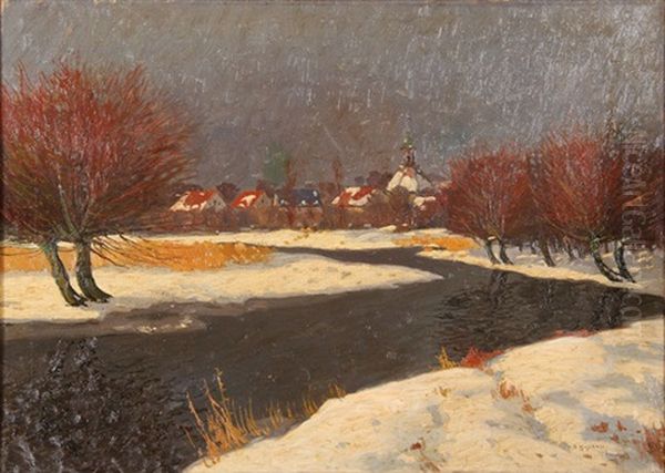 Winter River Landscape Oil Painting by Otto Hoffmann