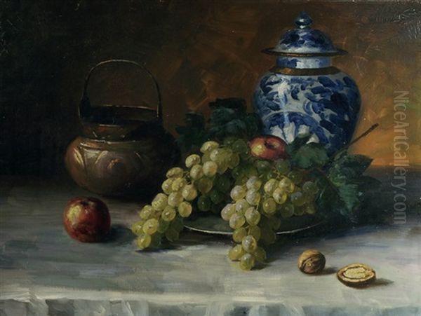 Fruchtestillleben Mit Walnussen, Weintrauben Und Apfeln Oil Painting by Robert Hoffmann