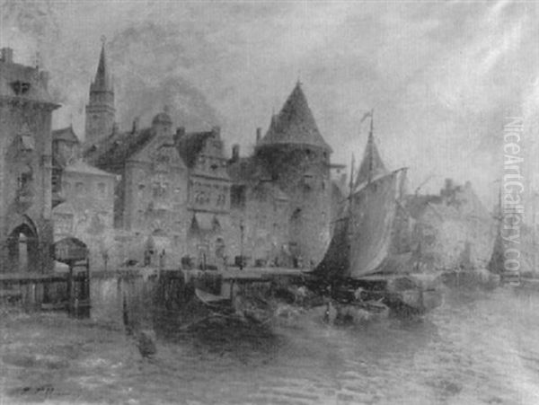 Ansicht Einer Hollandischen Stadt Am Fluss Oil Painting by Robert Hoffmann