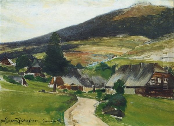 Village In A Valley Oil Painting by Franz Hoffmann-Fallersleben