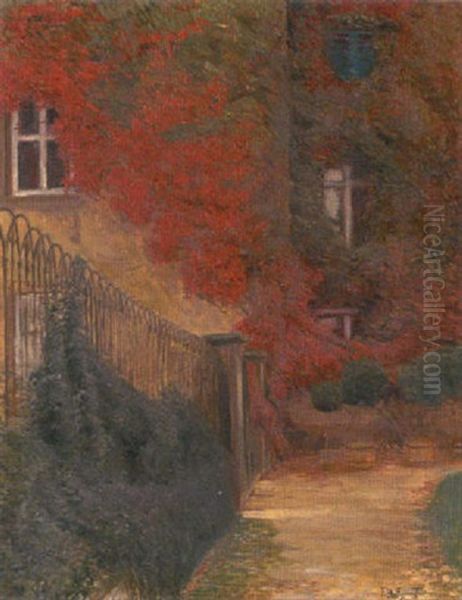 Hausfront Mit Rotem Weinlaub Oil Painting by Franz Hoffmann-Fallersleben