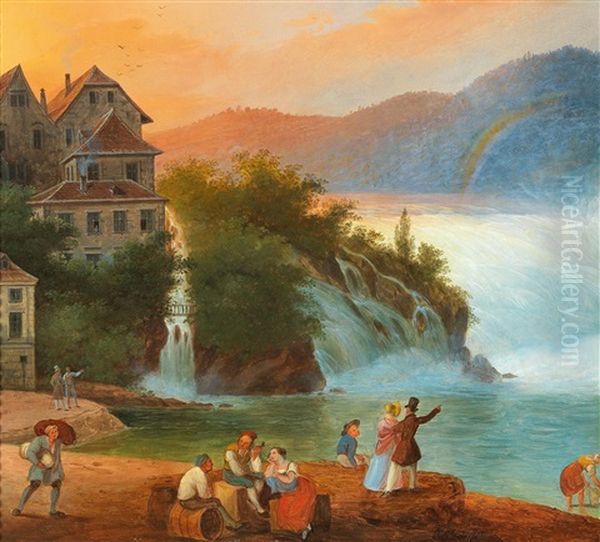 Rainbow Over The Rhine Falls Near Schaffhausen Oil Painting by Carl Ludwig Hoffmeister