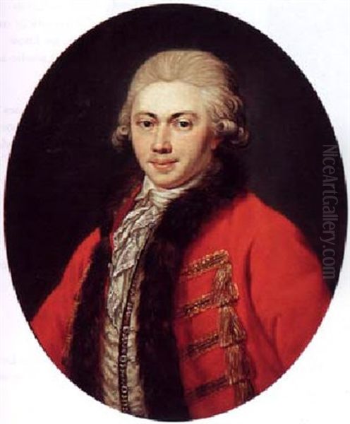 A Portrait Of Johann Wilhelm Wichelhausen Wearing A Fur-trimmed Red Overcoat With White Chemise Oil Painting by Johann Wilhelm Hoffnas