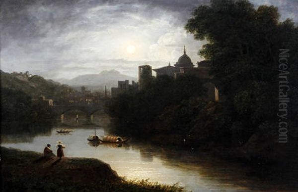 Italianate Moonlit River Landscape (the River Tiber, Rome?) Oil Painting by Thomas Christopher Hofland