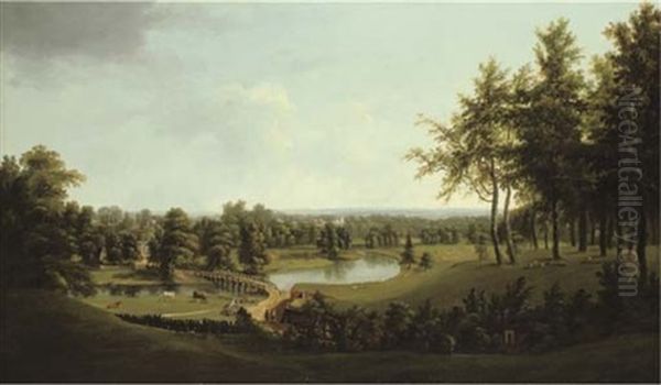 View Of A Parkland On The Thames (dorchester House, Later Ham Court?) Oil Painting by Thomas Christopher Hofland