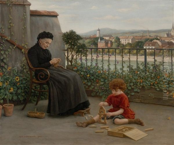 Grandmother With Child, View Of Kleinbasel From A Terrace On The Rheinsprung Oil Painting by Albert Hoeflinger