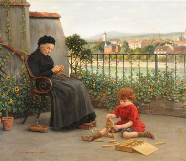 Grossmutter Mit Ihrem Spielenden Enkel. Blick Von Einer Terrasse Am Rheinsprung Auf Kleinbasel Oil Painting by Albert Hoeflinger