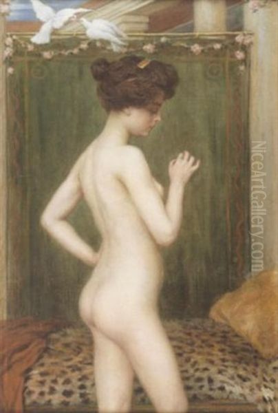 A Standing Female Nude With A Pair Of Doves Oil Painting by Albert Hoeflinger