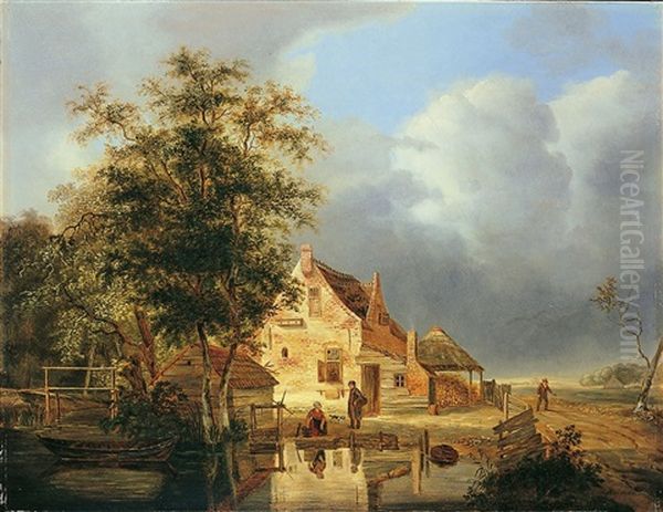 Landschaft Mit Bauernhaus Und Weiher Oil Painting by Pieter Hofman