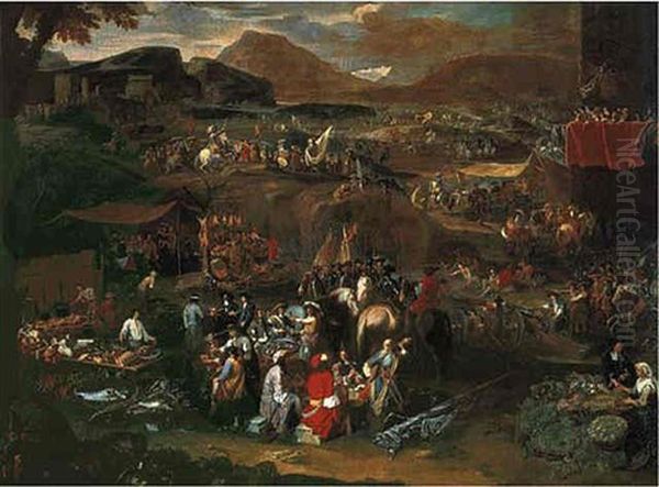 A Military Encampment On The Campus Martius Before The Ponte Molle, Mount Soracte Beyond Oil Painting by Pieter Hofman