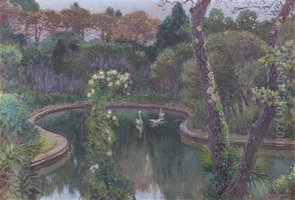 Sudlandischer Park Mit Brunnenanlage Und Schwanen Signiert Unten Rechts: K. Hofmann Oil Painting by Karl Hofmann