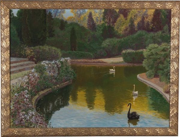 Pond At Miramare Oil Painting by Karl Hofmann