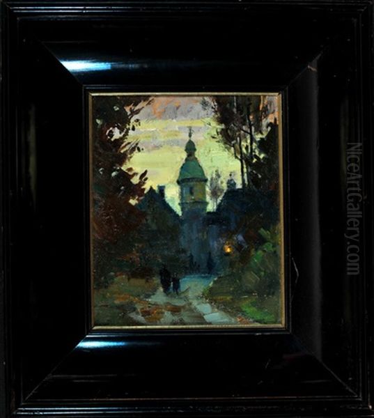 Abendliche Kirchenansicht Mit Personen Oil Painting by Ludwig Von Hofmann