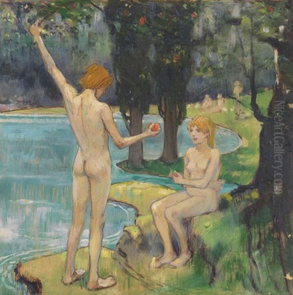 Adam Und Eva (paradies) Oil Painting by Ludwig Von Hofmann