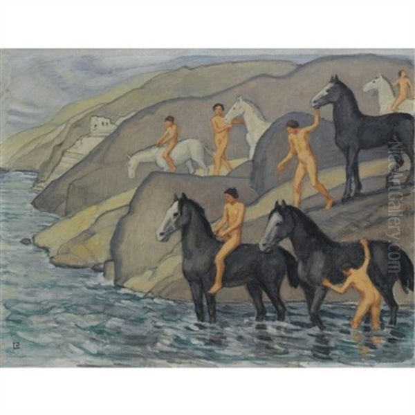 Zug Zur Schwemme (leading Their Horses To Water) Oil Painting by Ludwig Von Hofmann