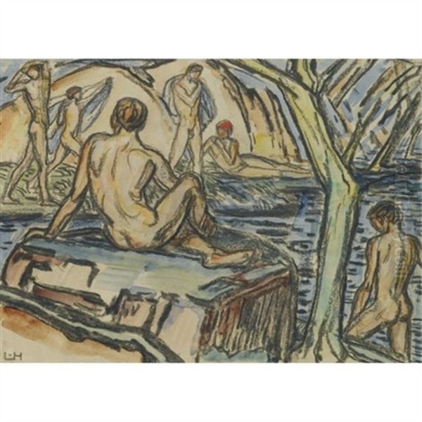 Badende (bathing) Oil Painting by Ludwig Von Hofmann