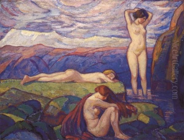 Drei Badende Frauen Oil Painting by Ludwig Von Hofmann