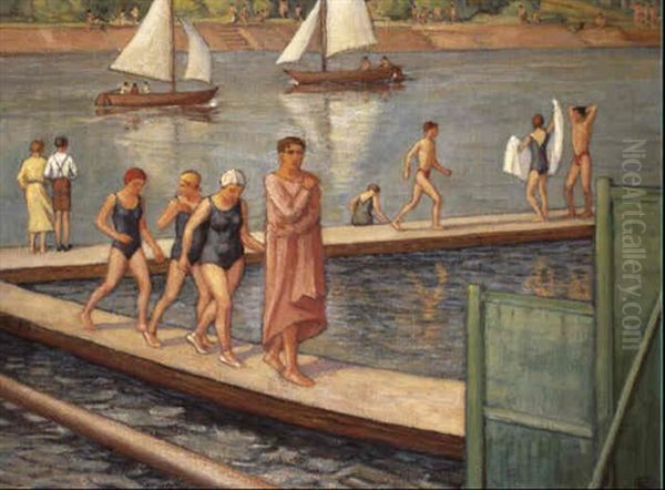 Badende Am Steg Mit Segelbooten Oil Painting by Ludwig Von Hofmann