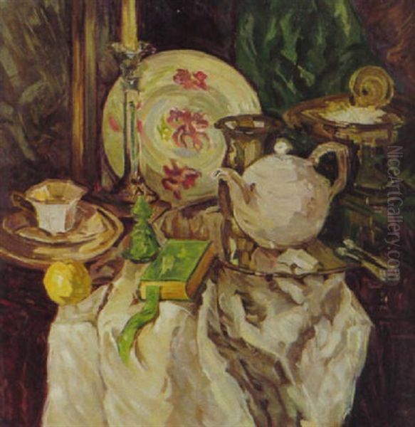 Stilleben Mit Geschirr Und Buch Oil Painting by Max Hofmann