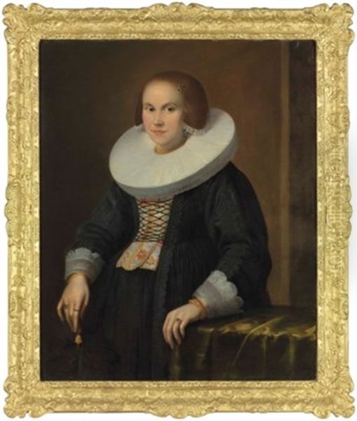 Portrait Of A Young Lady, Half-length, Holding A Feather Oil Painting by Samuel Hofmann