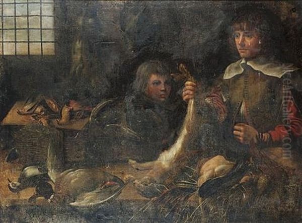 Two Boys In A Kitchen With A Dead Hare, Lapwing And Mallard On A Table Before Them, Dead Hares And Songbirds Hanging On The Wall And Dead Finches On A Table Beneath A Window Behind Oil Painting by Samuel Hofmann