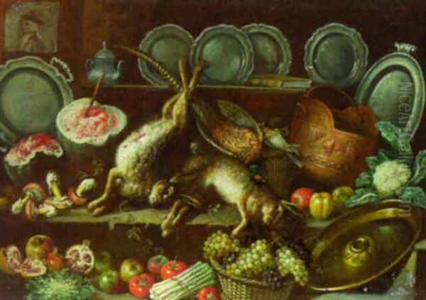 Dead Hares, A Pheasant, Funghi, Fruits, Asparagus And A Salver With Pewter Plates On A Shelf Oil Painting by Samuel Hofmann